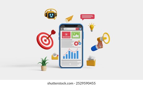 Marketing automation. Digital marketing strategy, SEO, analytics dashboard, business insight, marketing research, advertising, campaign. 3D analytics dashboard on smartphone, digital marketing icons