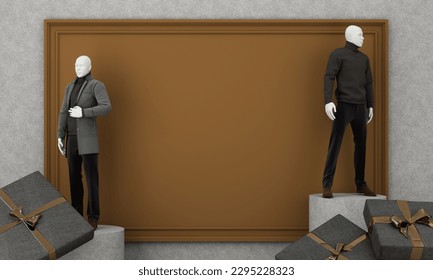 Marketing for men's products in modern and luxury style on a dark chocolate background with space for inserting advertisements or sales promotions and mannequins for men's fashion shirts. 3d render - Powered by Shutterstock