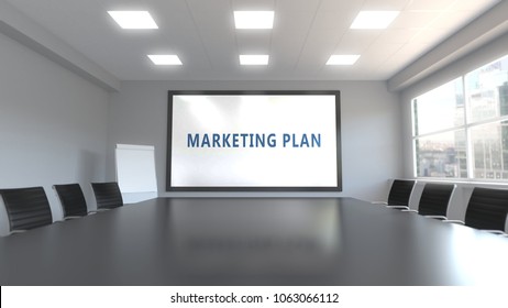 MARKETING PLAN Caption On The Screen In A Meeting Room. 3D Rendering