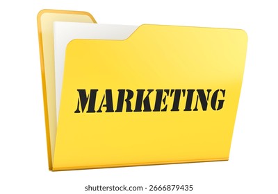 Marketing, yellow folder. 3D rendering isolated on white background
