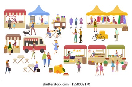 Marketplace, stalls of sellers and shopping people raster. Clothes and food shops butchery and backery with meat and bread. Cafe and resting customers - Powered by Shutterstock