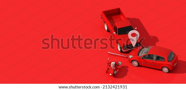 Marks where pickup trucks\
collide with sedans and motorcycles. Damage, waiting for insurance,\
car insurance concept on red background isolate 3d rendering\
isometric
