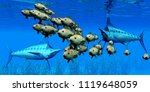 Marlin hunt  Bocaccio Rockfish 3D illustration - Indo-Pacific Blue Marlin predators go after a school of Pacific Bocaccio Rockfish over a kelp bed.