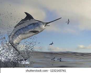 Marlin swordfish jumping to catch flying fished in ocean 3d render