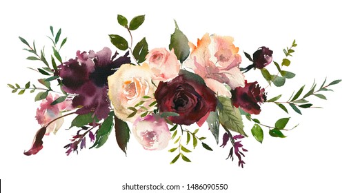 Maroon Blush Wine Colors Watercolor Floral Arrangement Isolated on White Background