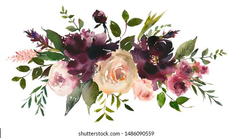 Maroon Blush Wine Colors Watercolor Floral Arrangement Isolated On White Background