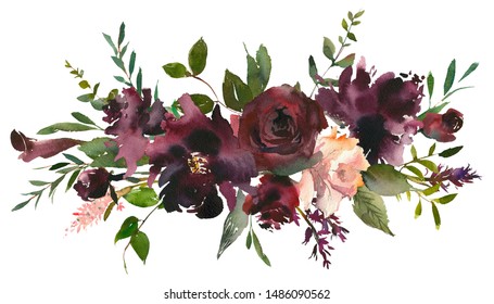 Maroon Blush Wine Colors Watercolor Floral Arrangement Isolated On White Background