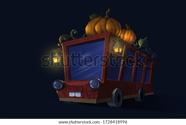 Maroon, wooden car with pumpkins, on a dark\
background. Halloween machine.flashlights on the car. The car on a\
dark background.