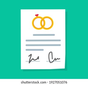 Marriage Contract Or Prenuptial Agreement Legal Document Flat Cartoon Icon, Prenup Wedding Certificate With Signatures Image