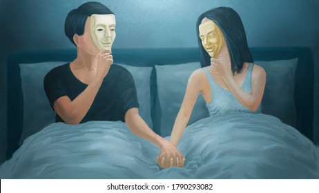Marriage couple, husband and wife, holding face mask to hide their truth feeling in pretending to be happy, love and smile to each other even on bed. Digital painting as my imagination.   