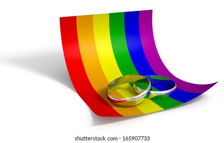 A Marriage Or Engagement Concept Showing Two Wedding Bands On A Curled Paper Note Colored In The Gay Rainbow Flag Colors An Isolated White Background