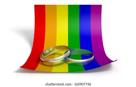 A Marriage Or Engagement Concept Showing Two Wedding Bands On A Curled Paper Note Colored In The Gay Rainbow Flag Colors An Isolated White Background