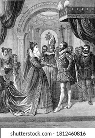 Marriage Of Henri IV And Marie De Medici, Vintage Engraving. From Popular France, 1869.