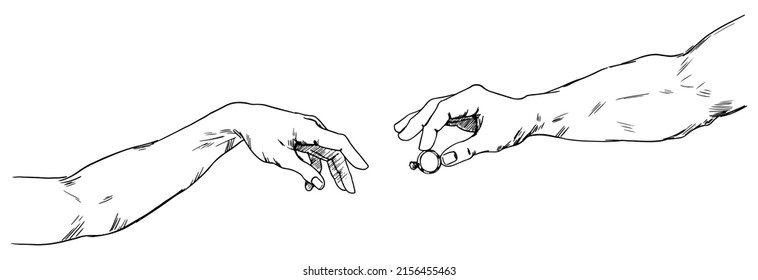 Marriage Proposal. A Man's Hand Holds Out A Ring For A Woman's Hand. Hands Reaching Out To Each Other, Engagement. Illustration In Sketch Style. All Elements Are Isolated On White Background