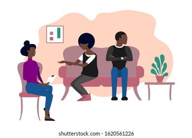 Married Black Couple Having Therapeutical Meeting At Psychologist Office. Flat Style Stock Illustration.