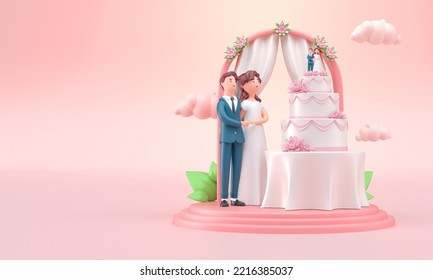 Married Couple in the Altar with 3D Wedding Cake. 3D Illustration - Powered by Shutterstock