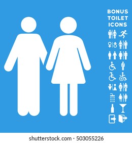 Married Couple Icon And Bonus Man And Female WC Symbols. Glyph Illustration Style Is Flat Iconic Symbols, White Color, Blue Background.