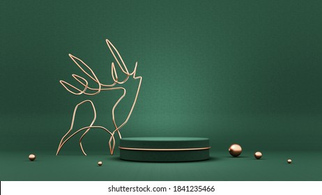 Marry Christmas and New Year greeting card, poster, banner with  deer, trees and toys - 3D, render. Symbol, emblem, sign,logo of simple objects with golden elements. Stand, podium, pedestal for goods.