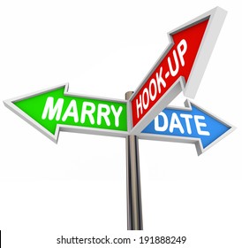 Marry, Date And Hook Up Words On Three Arrow Signs 