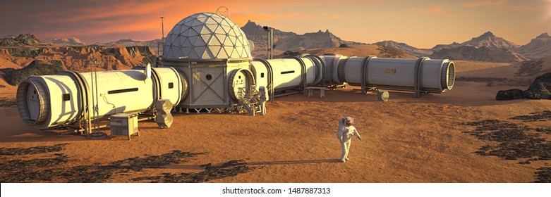 Mars Base With Astronaut, Habitat In Martian Landscape (3d Science Rendering Banner) 
