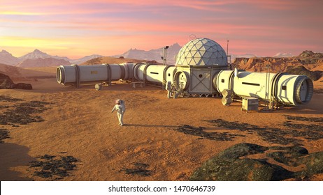 Mars Base With Astronauts, Research Habitat On The Surface Of The Red Planet (3d Science Illustration) 
