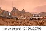 Mars colony base camp, with habitation domes, rovers, research facilities, labs, and communication antennas. 3D rendered illustration.