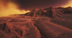 Mars Environment. Mountains Covered With Yellow Fog. 3D Illustration. Red Mountains In The Desert.