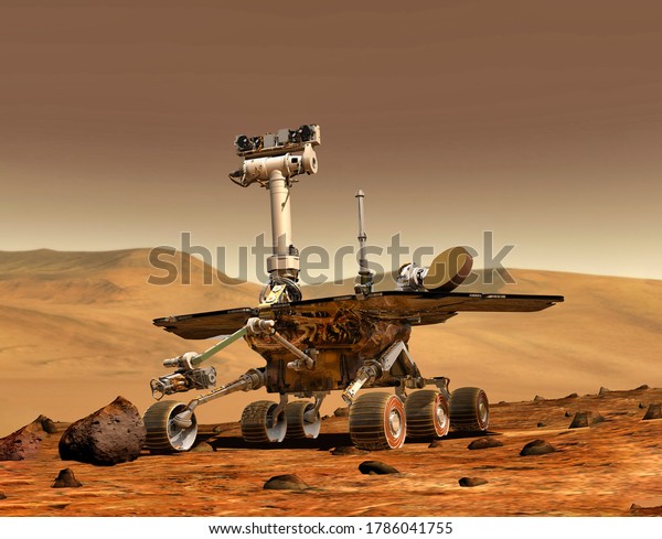 Mars explore mission. The Perseverance rover deploys\
its equipment against the backdrop of a true Martian landscape. 3D\
rendering. Colony made on Mars concept. Elements of this image\
furnished by NASA