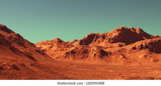 Mars Landscape, 3d Render Of Imaginary Mars Planet Terrain, Science Fiction Illustration.