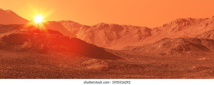 Mars Landscape, 3d Render Of Imaginary Mars Planet Terrain With Sun, Science Fiction Illustration.