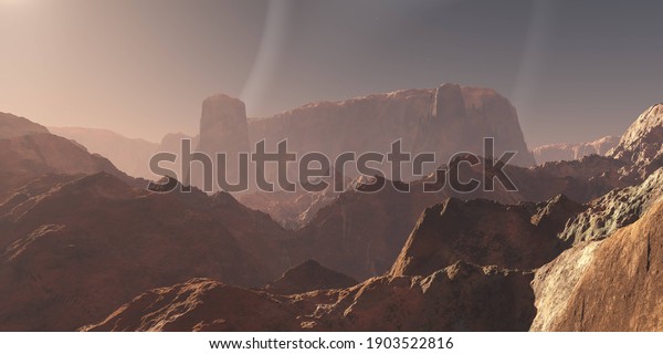 Mars, martian landscape, panorama\
of Mars, alien landscape, mars at sunrise, 3d\
rendering