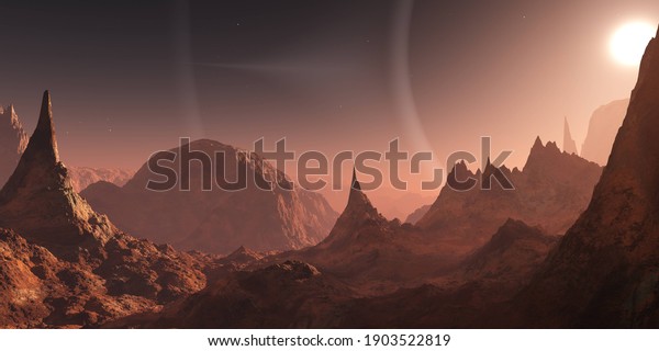 Mars, martian landscape, panorama\
of Mars, alien landscape, mars at sunrise, 3d\
rendering