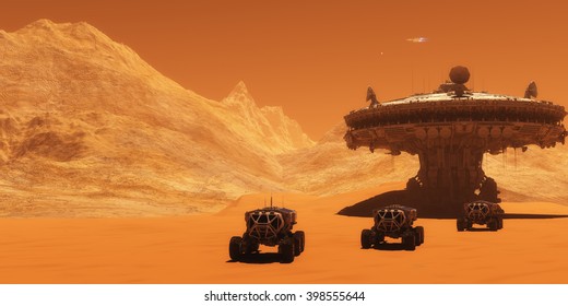 Mars Outpost 3D illustration - A spacecraft takes off from Mars to return to Earth as all-terrain vehicles embark on an exploratory mission.