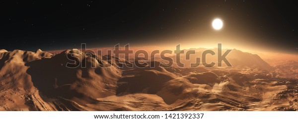 Mars panoramic view of the surface, alien\
landscape at sunset, 3d\
rendering