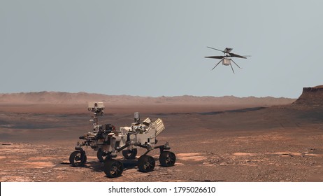 Mars. Perseverance rover and Ingenuity helicopter explore Mars against the backdrop of a real Martian landscape. Exploring Mission To Mars. Elements of this video furnished by NASA. 3d rendering.