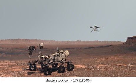 Mars. Perseverance Rover And Ingenuity Helicopter Explore Mars Against The Backdrop Of A Real Martian Landscape. Elements Of This Image Furnished By NASA. 3d Rendering.