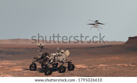 Mars. Perseverance rover and Ingenuity helicopter explore Mars against the backdrop of a real Martian landscape. Exploring Mission To Mars. Elements of this video furnished by NASA. 3d rendering. Foto d'archivio © 