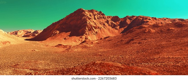 Mars planet background, 3d render of imaginary mars planet terrain, orange eroded desert with mountains, realistic science fiction mars landscape illustration.