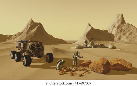 Mars Planet Explorers 3D Illustration - Two Explorers Take Their Vehicle To Find Rock Samples To Take Back To Their Mars Habitat.