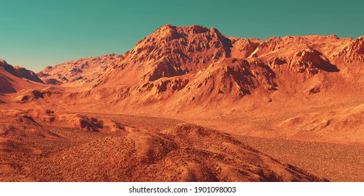 Mars Planet Landscape, 3d Render Of Imaginary Mars Terrain, Realistic Science Fiction Illustration.