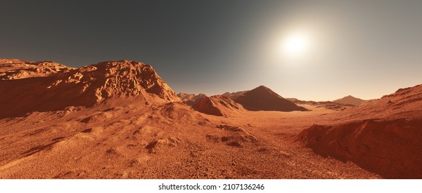 Mars planet landscape, 3d render of imaginary mars planet terrain, orange eroded desert with mountains and sun, realistic science fiction illustration.