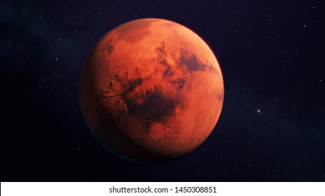 Marte, el planeta rojo, renderizado 3d con características de superficie detalladas, con atmósfera y fondo oscuro, alta resolución, alta saturación