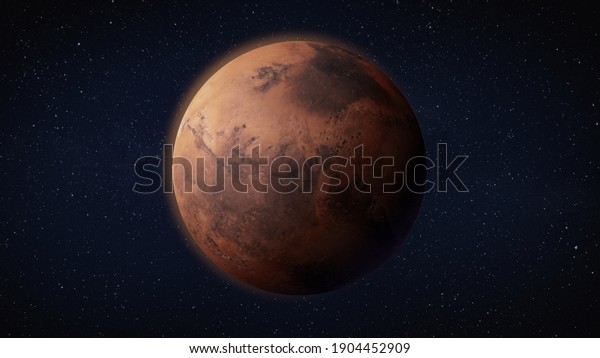 Mars, the red planet, 3d rendering with detailed\
surface features, with atmosphere, space background, high\
resolution, natural\
color