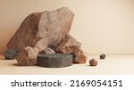 Mars rock group copper and black arid platform podium surface texture rough masculine men male concept raw stone stand advertisement display product backdrop mountain rock volcanic. 3D Illustration.