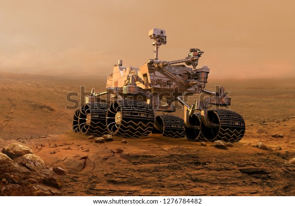 Mars rover exploring\
surface of Mars. Image of automated robotic space autonomous\
vehicle on the red Mars planet. Space exploration, astronomy\
science concept. 3D\
render
