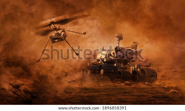 Mars rover and helicopter drone exploring surface of Mars. Image of automated robotic space autonomous vehicle on the red Mars planet. Universe, space exploration, astronomy science concept. 3D render