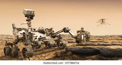 Mars Rover Perseverance And Ingenuity Helicopter Drone.Elements Of This Image Furnished By NASA 3D Illustration.