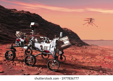 Mars Rover Perseverance Landed And Ingenuity Drone .Elements Of This Image Furnished By NASA 3D Illustration.