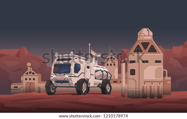 Mars rover vehicle and space\
colony on alien planet landscape background. Space travelling\
concept. Flat illustration. Horizontal. Raster\
version.