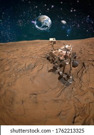 Mars Science Laboratory , Mars Exploration Rover . Mars Rover On Mars And In The Background The Earth . Elements Of This Image Furnished By NASA